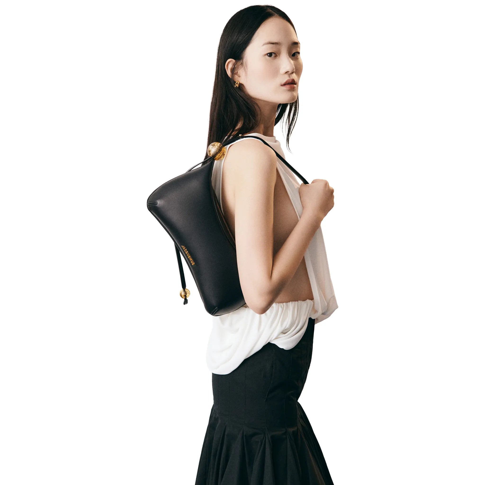 Model View of Jacquemus Les Classiques The Bisou Perle Beaded Black Shoulder Bag BAW00057AC01C01990